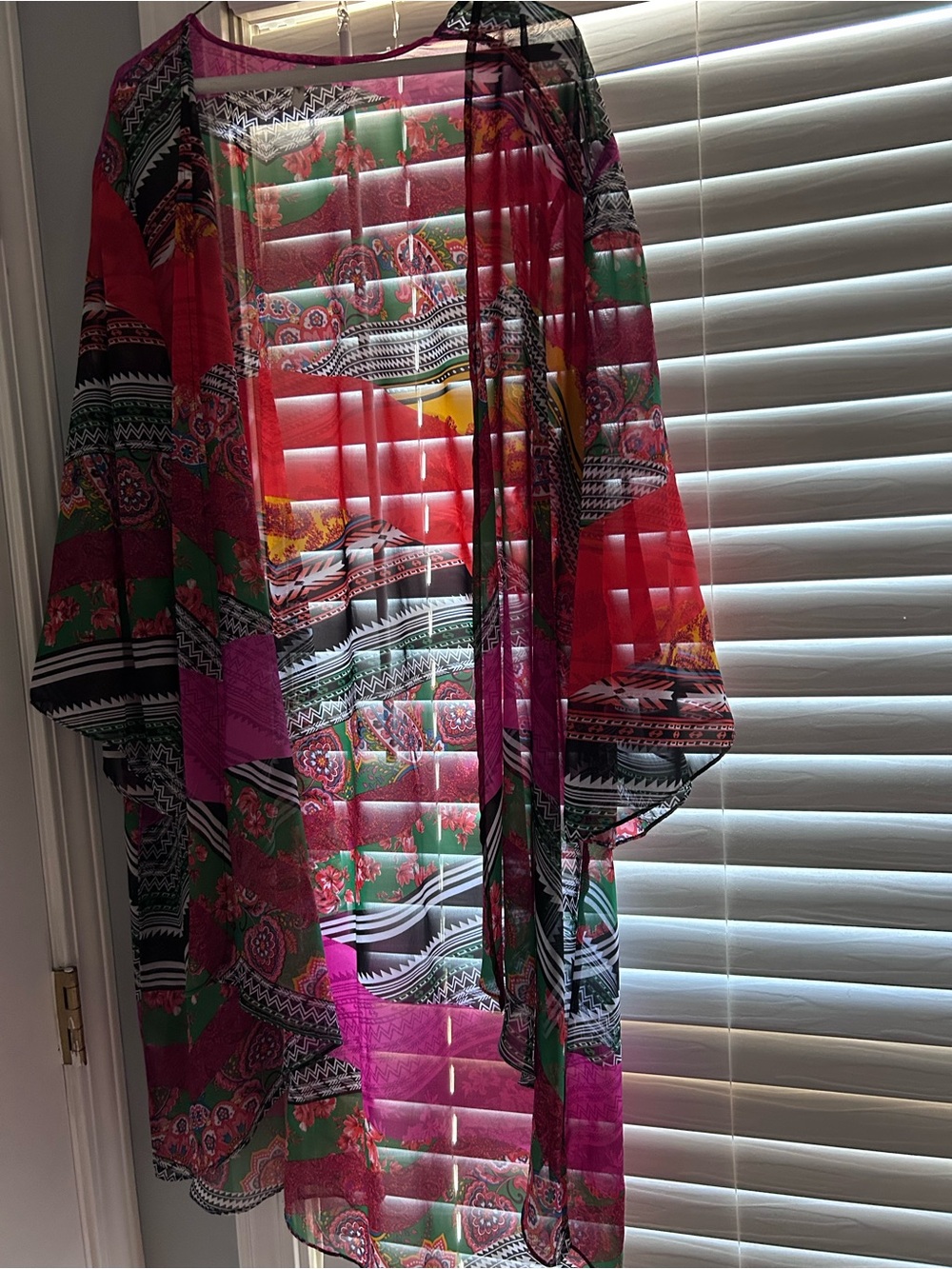 Sheer Floral Printed Kimono Cover-Up in Pink & Green